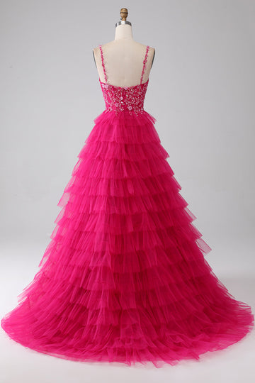 Fucsia Princess A-Line Spaghetti Straps Paillettes Abito da ballo lungo a più livelli con fessura